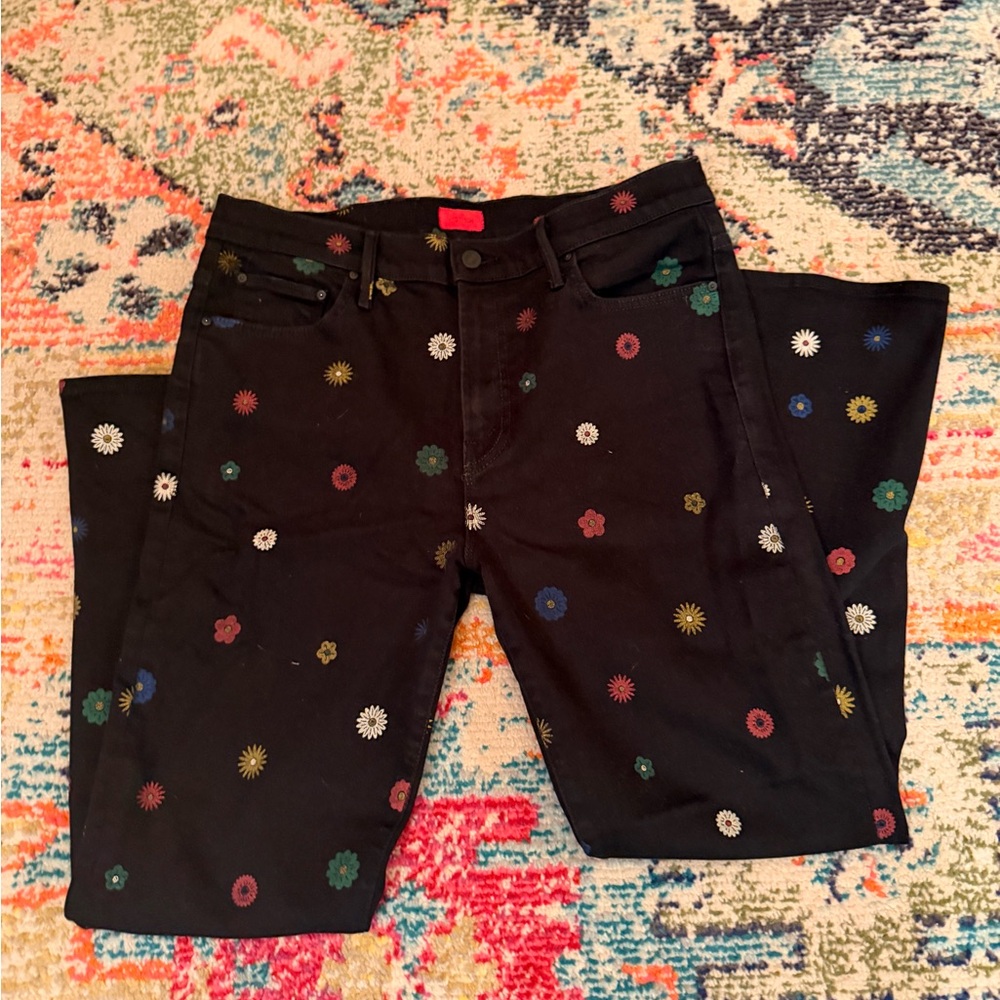 MOTHER Black Floral Embroidered Flare Jeans